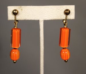 Vintage Orange Glass Clip Dangle Beaded Earrings 1960s