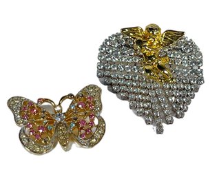 Butterfly And Cherub Rhinestone Gold Tone Brooches Pins