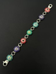 Multi Colored Enameled & Semi Precious Stone Floral Sterling Silver Bracelet