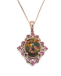 Gorgeous Sterling Silver Rose Gold Vermeil Fire Opal Ornate Pendant Necklace