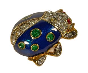 Vintage Gold Tone Rhinestone And Enamel Lady Bug Brooch Pin