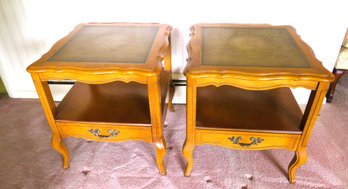 Pair Of French Provincial 1960's Hammary Leather Top Side Tables