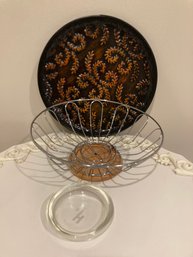 Metal Lot Tray Wire Basket And Small Glass Dish