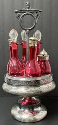Victorian Antique Castor Set - 6 Piece Cranberry Glass Clear Stoppers - Silver Plate Stand Animal Floral Motif