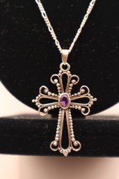 925 Sterling And Purple Stone Cross Pendant Signed $ With 925 Sterling Italy Chain