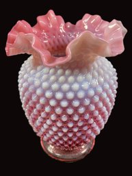 Vintage Fenton Cranberry Opalescent Hobnail Crimped Edge 8' Vase-Lot 2