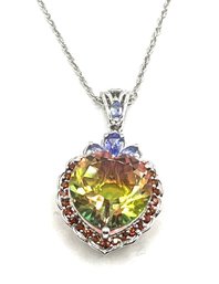 Gorgeous Sterling Silver Rainbow Genesis Quartz With Multi Gemstones Pendant Necklace