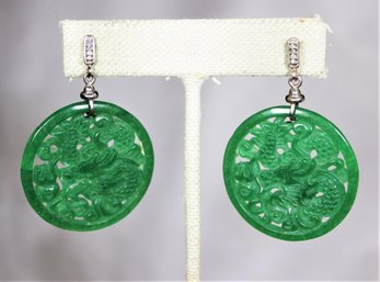 Phenomenal Pair Of Hand Carved Jade And Sterling Silver Pierced Earrings