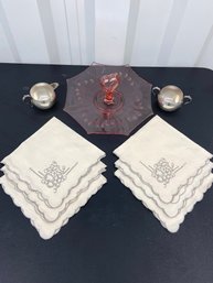 Cheshire Silver Plate Cream & Sugar, Pink Center Handle Mint Plate, 6 Linen Napkins Grape Motif Embroidered