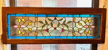 Vintage Stained Glass Window With Wood Frame And Hooks For Hanging