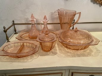 Collection Of Vintage Pink Depression Glass Service Pieces.