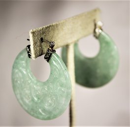 Fine Genuine Jadeite Jade Carved Stone Earrings Sterling Silver Hoops