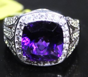Contemporary Genuine Amethyst Large Stone Sterling Silver Ring White Stones Size 7