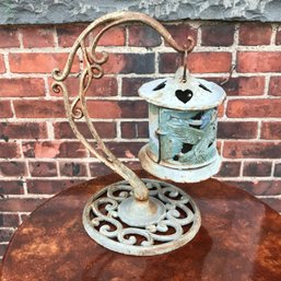 Charming Vintage Style Cast Iron Table Lantern With Birds And Leaves - Cute Heart Cut Outs On The Top