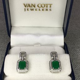 Beautiful Brand New Sterling Silver / 925 Earrings With Colombian Emerald And White Zircons - Very Pretty Pair