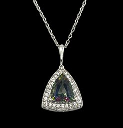 Beautiful Italian Sterling Silver Chain With Rainbow Topaz With Clear Stones Triangle Pendant Necklace