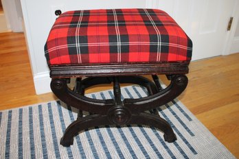 Antique Adjustable Ottoman Footstool With Plaid Fabric