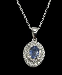 Beautiful Sterling Silver Blue Topaz And Clear Stones Pendant Necklace