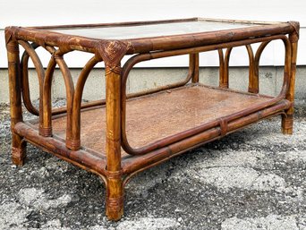 A Vintage Rattan Glass Top Coffee Table With Cane Clad Shelf Beneath