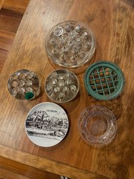 Flower Frog Collection (4) And Two Small Trays (glass And Saltzburg)