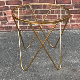 Very Nice Round Gilt Metal Table With Hairpin Legs And Glass Top - Side Table - Wine Stand - Great Piece