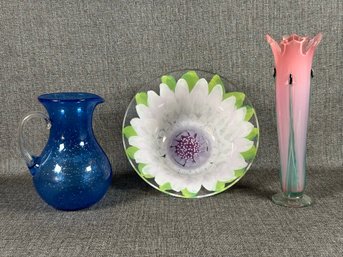 Beautiful Art Glass: Painted Bowl, Vintage Vase & Bubbled Pitcher