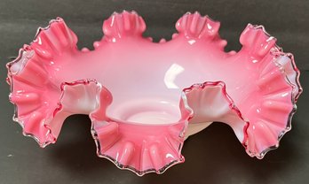 Vintage Cased Glass Pinched Ruffle Edge Pink White Centerpiece Bowl - Maybe Fenton - 11 Inches Diameter X 4 H
