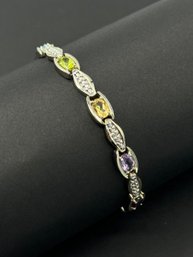 Multi Colored Precious Stones Sterling Silver Tennis Bracelet