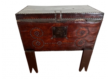 *  Leather Topped Bridal Chest With Brass Studs From Brazil  - Early 20th Century - Lot B