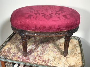 Wonderful Antique Oval French Foot Stool - All Carved Chestnut - Very Sweet Size - With Burgundy Upholstery