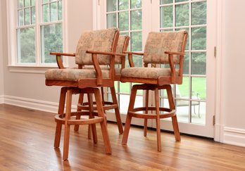 Set Of 3 Tall Swivel Upholstered Wood Counter Arm Chair Stools