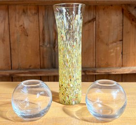 A Vintage Modern Venetian Art Glass Vase And Two Smaller Crystal Vases