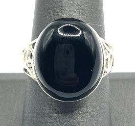 Sterling Silver Large Onyx Ornate Ring, Size 8