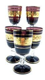 Vintage Amethyst Cordial Glasses W/ Clear Stem & Gold Detail