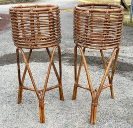 A Pair Of Vintage Rattan Plant Stands - AS IS