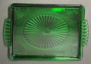 Vintage Emerald Green Glass Serving Drinks Relish Vanity Tray - Sunburst Fan Design - 11.5 X 7 7/8 X 1 -