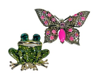 Lot Two Vintage Rhinestone Frog And Enamel Butterfly Gold Tone Brooches