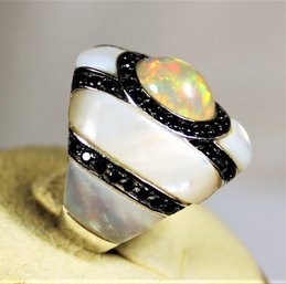 Size 8 Sterling Silver Ladies Ring Opal Type Stone, Mother Of Pearl Inlay And Sapphire Colored Stones GREAT!