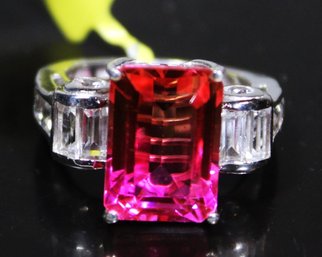 Large Pink Genuine Gemstone Great Deco Style Setting Silver Size 7