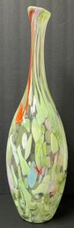 Vintage Art Glass Tall 20.5 H Vase - Confetti Spotted - Lime Green - Coral Pink Sky Blue Red Violet - Unsigned