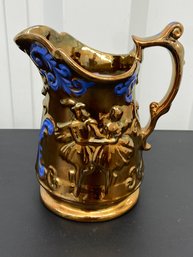 Allertons Longton Copper Lustre Pitcher Dancers Motif Relief 8in No Chips