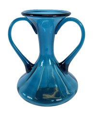 Terrific Teal Blue Vintage Two Handled Hand Blown 10' Vase