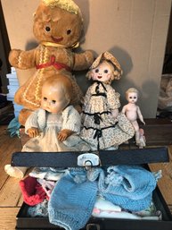 Vintage Dolls And Case Of Clothes