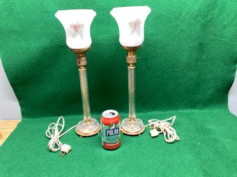 Pair Of Antique Torch Lamps. Glass Base And Stem. Flowered Glass Shades. Stand