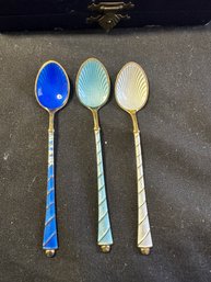 3 Enameled Sterling Silver Spoons Made In Denmark Stamped 925