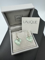 Gorgeous Lalique Heart Shaped Sterling Silver & Light Green Glass Earrings