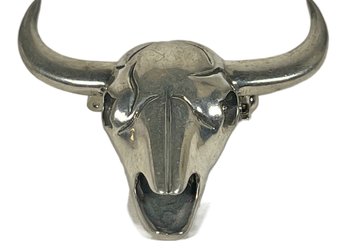 Large Silver Tone Steer Bull Head Brooch