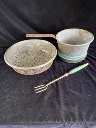 Vintage Colander, Pan And Serving Fork