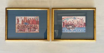 AHMI GOLDFARB, Israeli Batik Artist Framed Prints, Signed Wedding Celebration And Noahs Arc