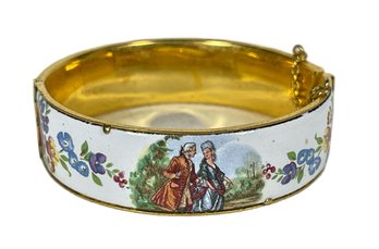 Vintage Enamel And Gold Tone Wide Bangle Or Cuff Bracelet W Courting Couple